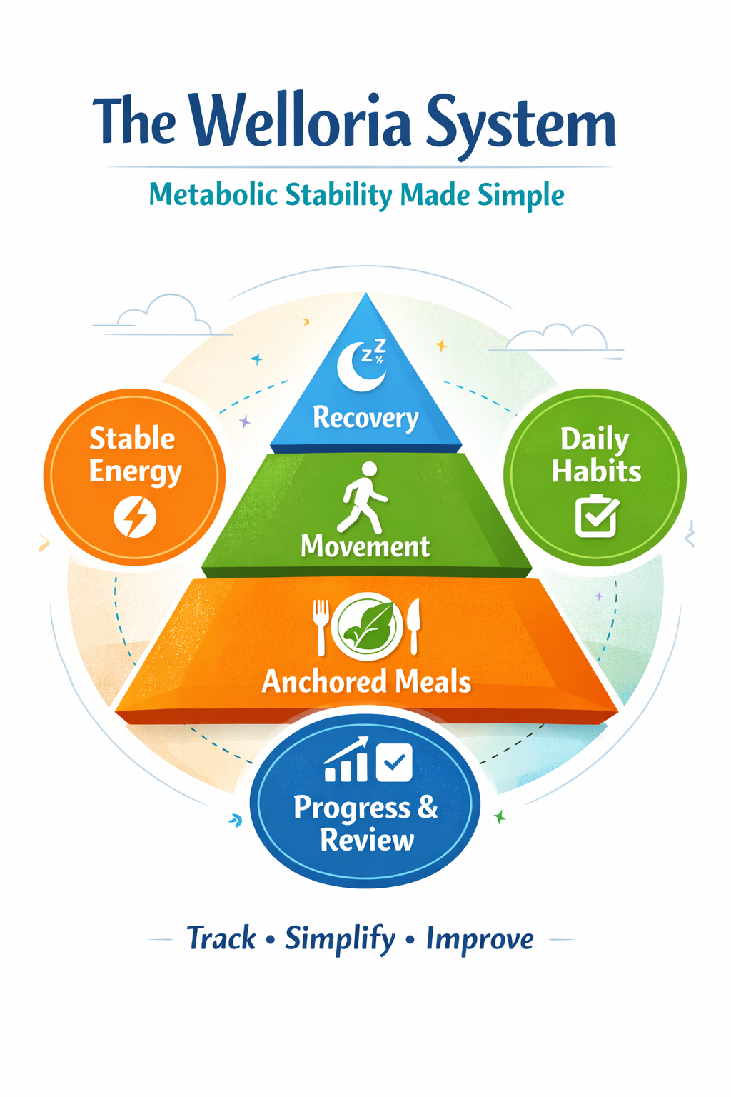 The Welloria System pyramid: Hydration foundation supporting stable fuel, movement stability, nervous system stability, and recovery stability.